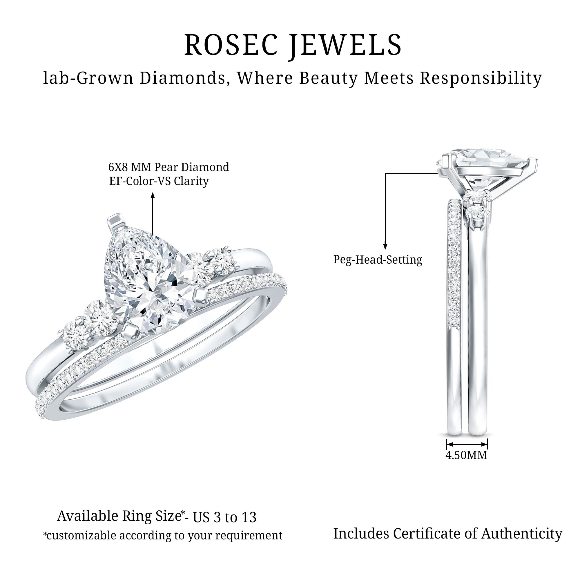 1.3 Carat Certified Lab Grown Diamond Teardrop Bridal Ring Set