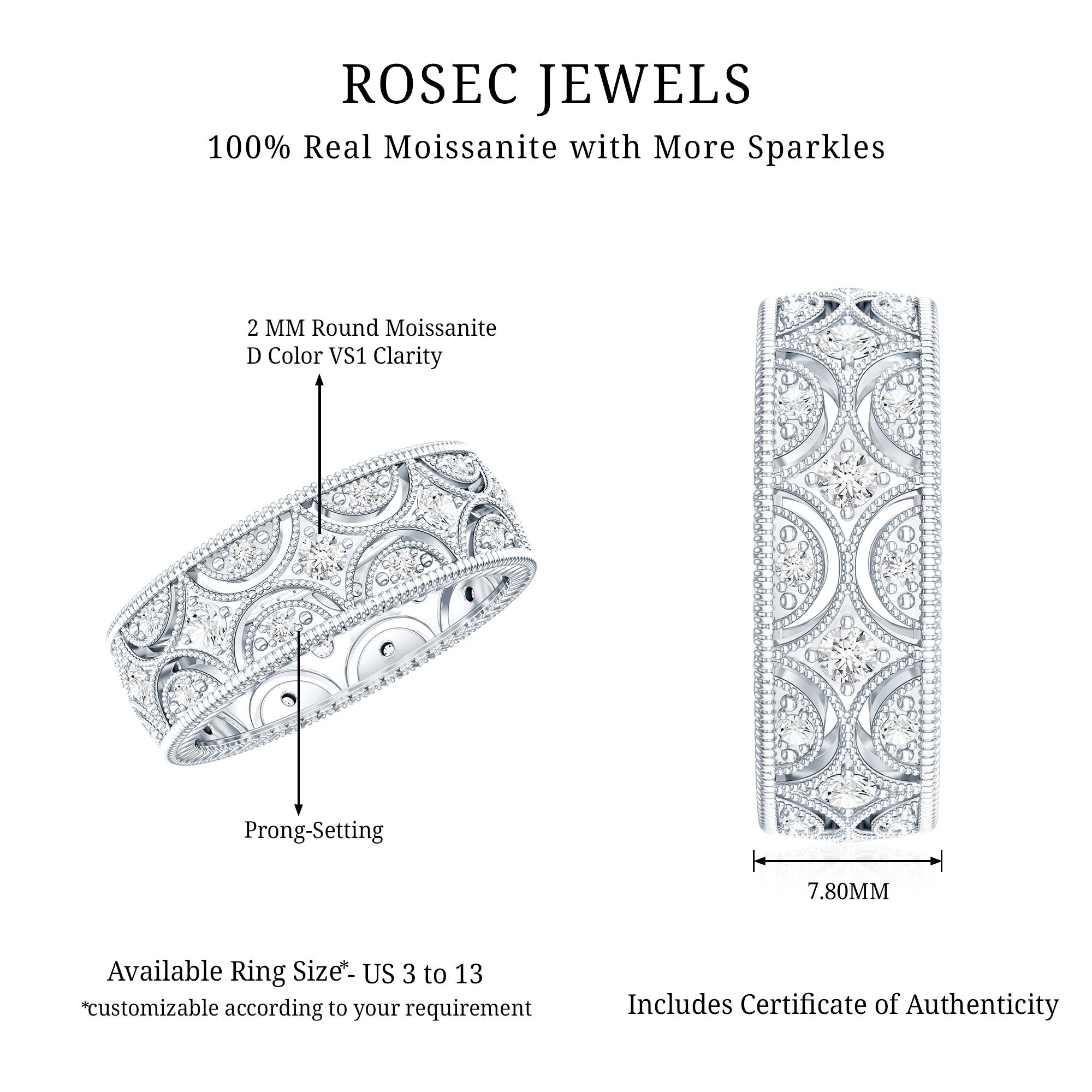 Moissanite Wedding Band – Vintage Wide Band Ring With Prong Setting Sparkle