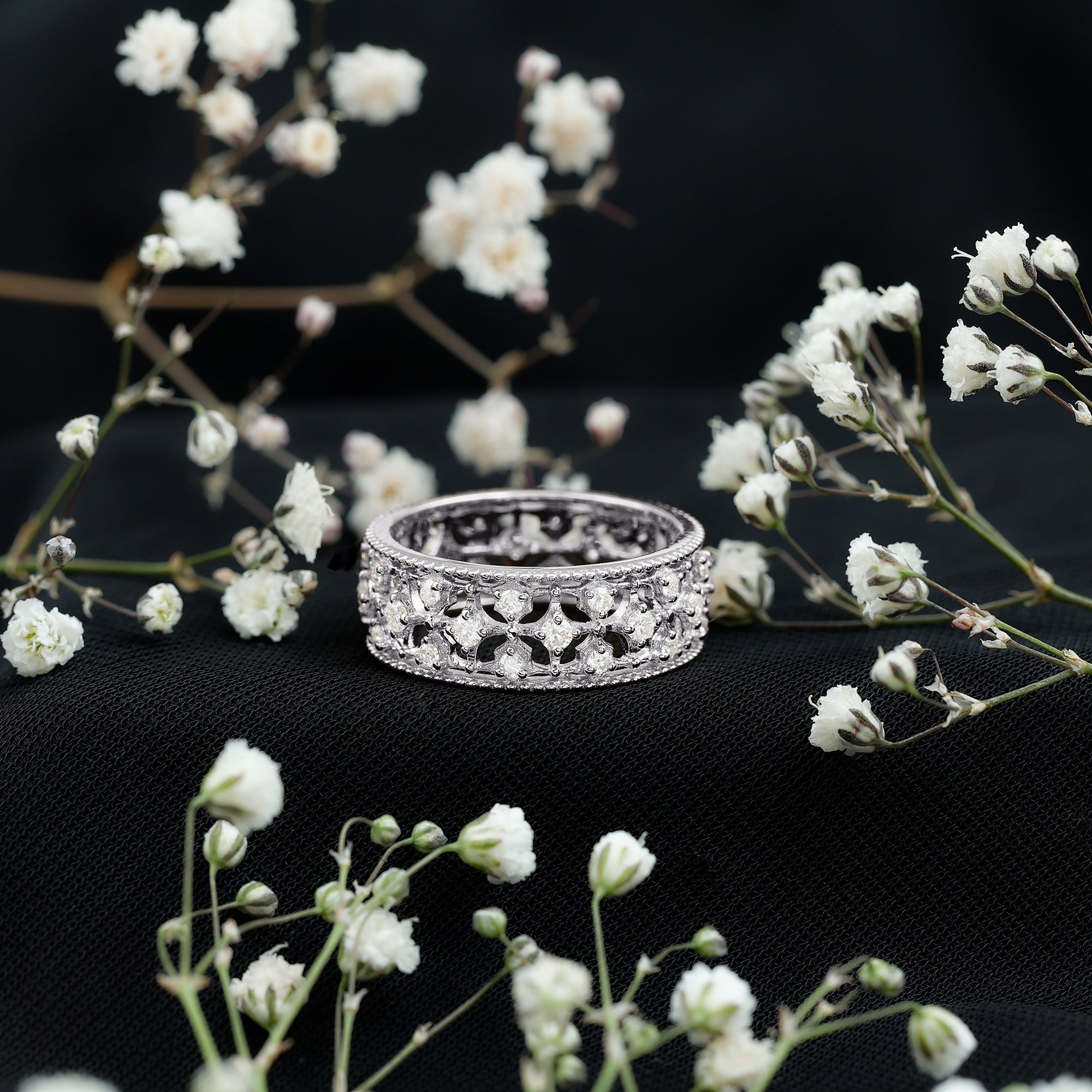 Moissanite Wedding Band – Vintage Wide Band Ring With Prong Setting Sparkle