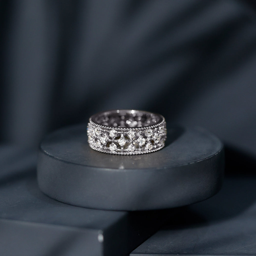 Moissanite Wedding Band – Vintage Wide Band Ring With Prong Setting Sparkle