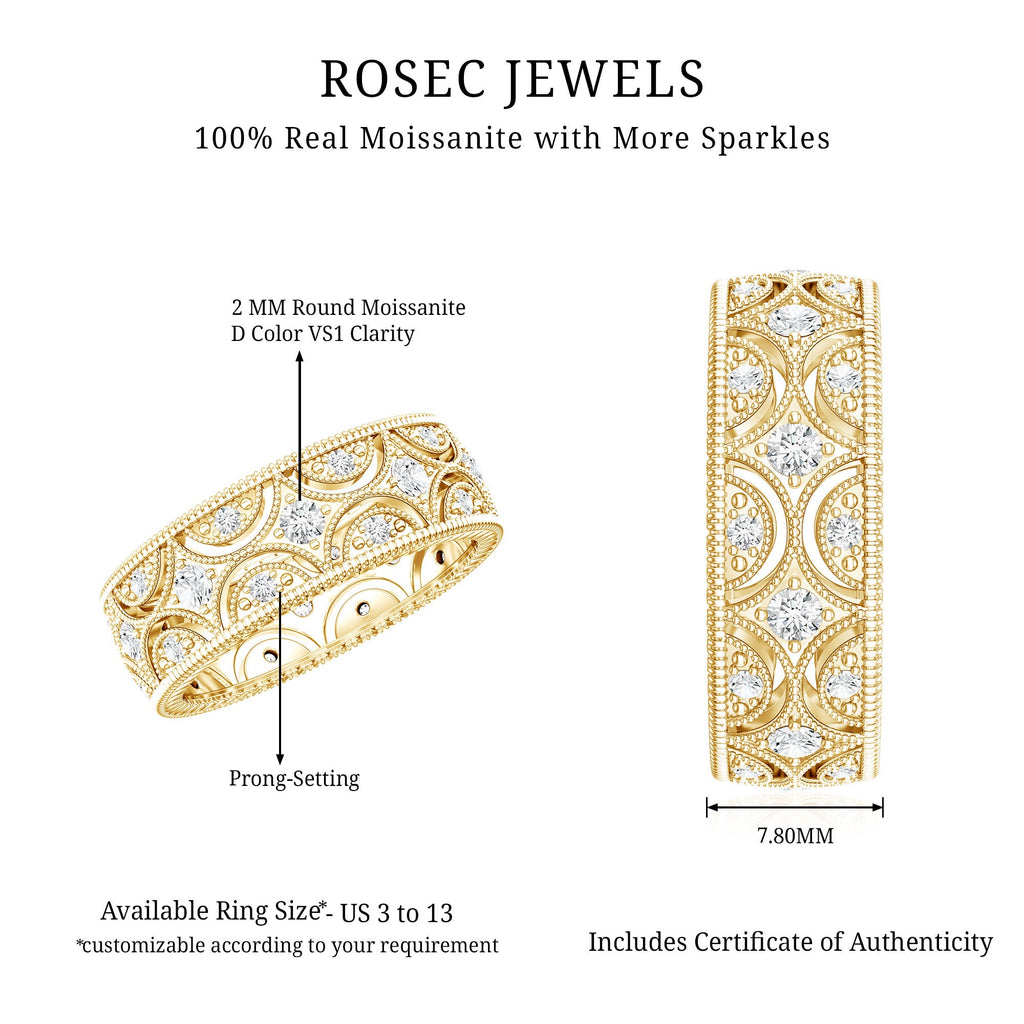 Moissanite Wedding Band – Vintage Wide Band Ring With Prong Setting Sparkle