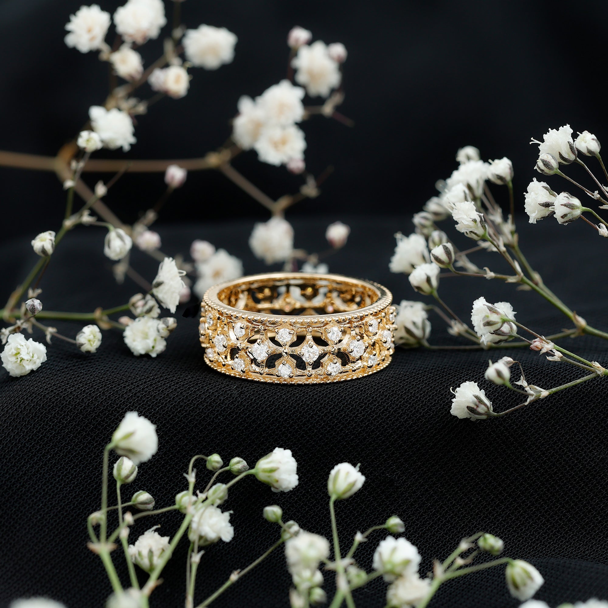 Moissanite Wedding Band – Vintage Wide Band Ring With Prong Setting Sparkle