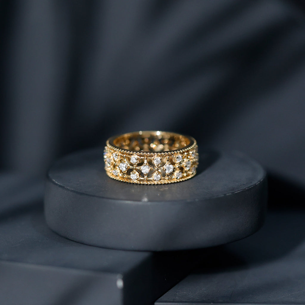 Moissanite Wedding Band – Vintage Wide Band Ring With Prong Setting Sparkle