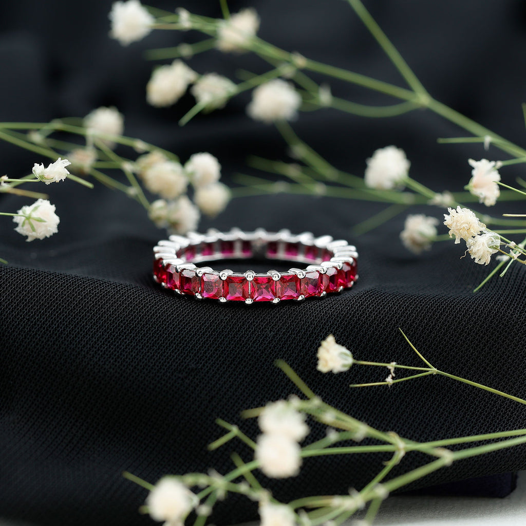Lab Grown Ruby Ring – Princess Cut Ruby Eternity Wedding Band for Women