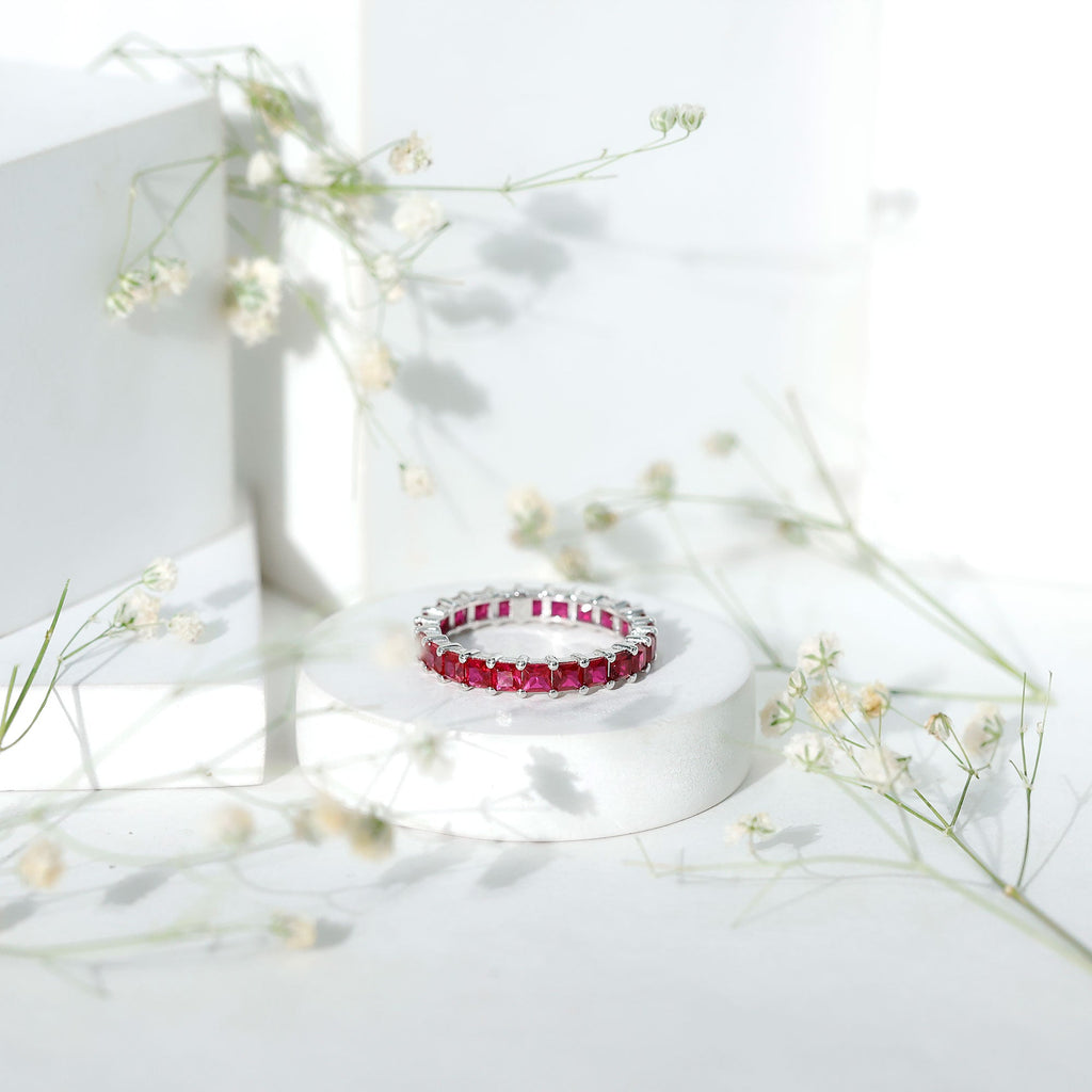Lab Grown Ruby Ring – Princess Cut Ruby Eternity Wedding Band for Women
