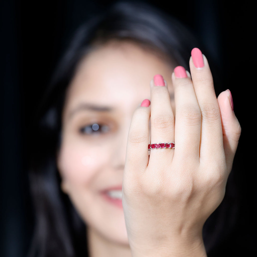 Lab Grown Ruby Ring – Princess Cut Ruby Eternity Wedding Band for Women