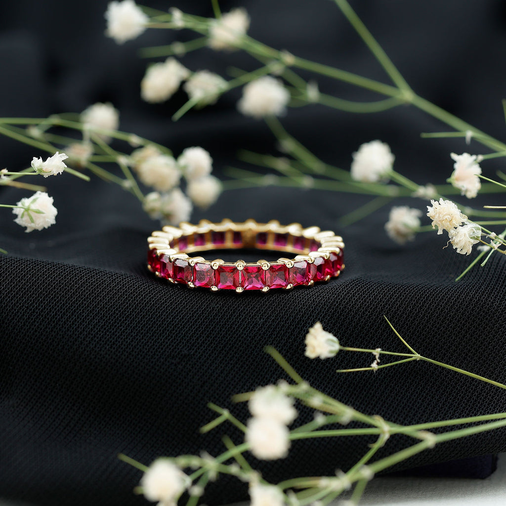 Lab Grown Ruby Ring – Princess Cut Ruby Eternity Wedding Band for Women