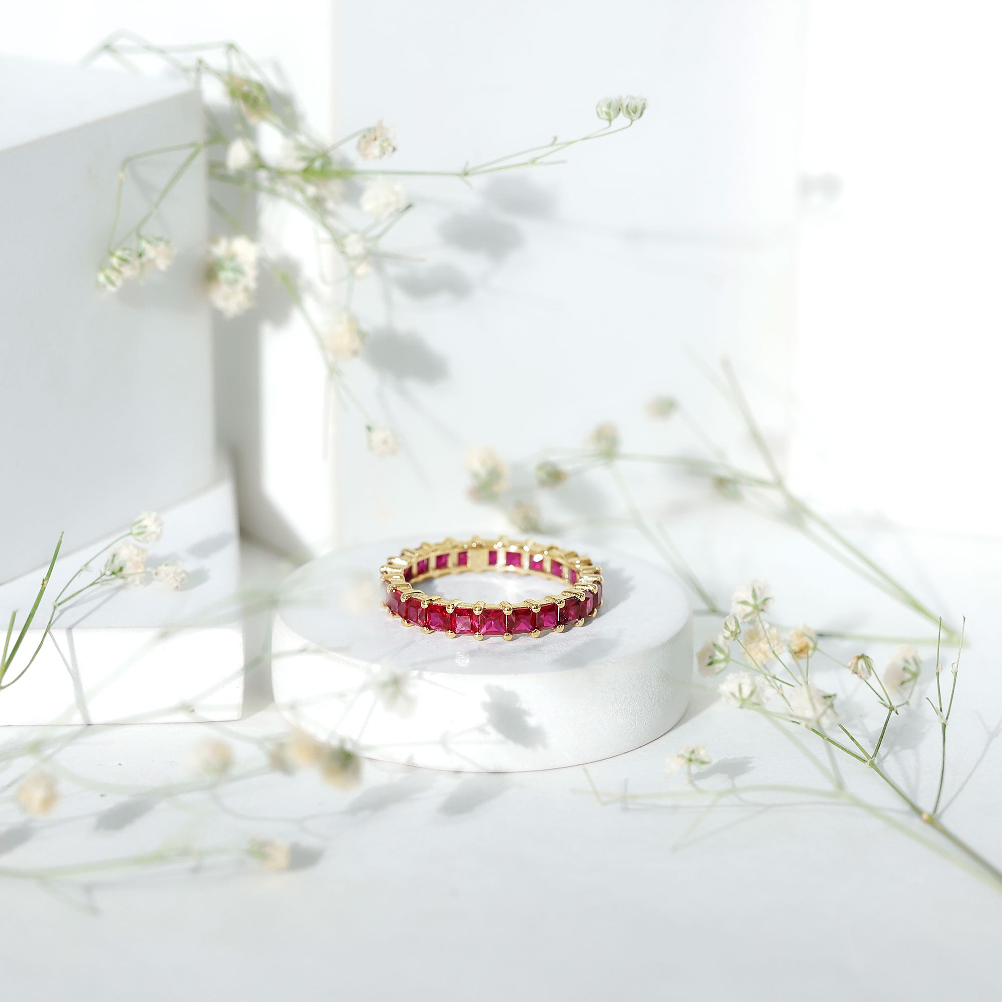 Lab Grown Ruby Ring – Princess Cut Ruby Eternity Wedding Band for Women