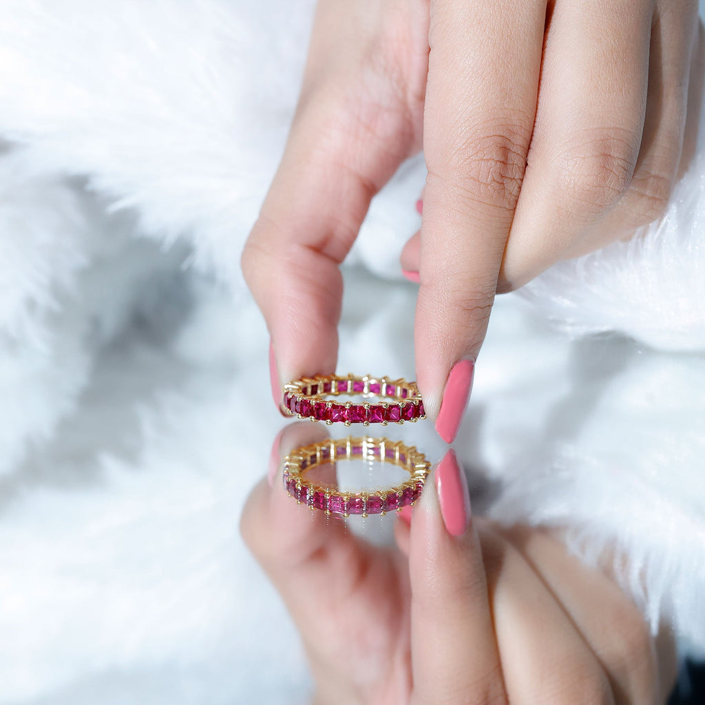 Lab Grown Ruby Ring – Princess Cut Ruby Eternity Wedding Band for Women
