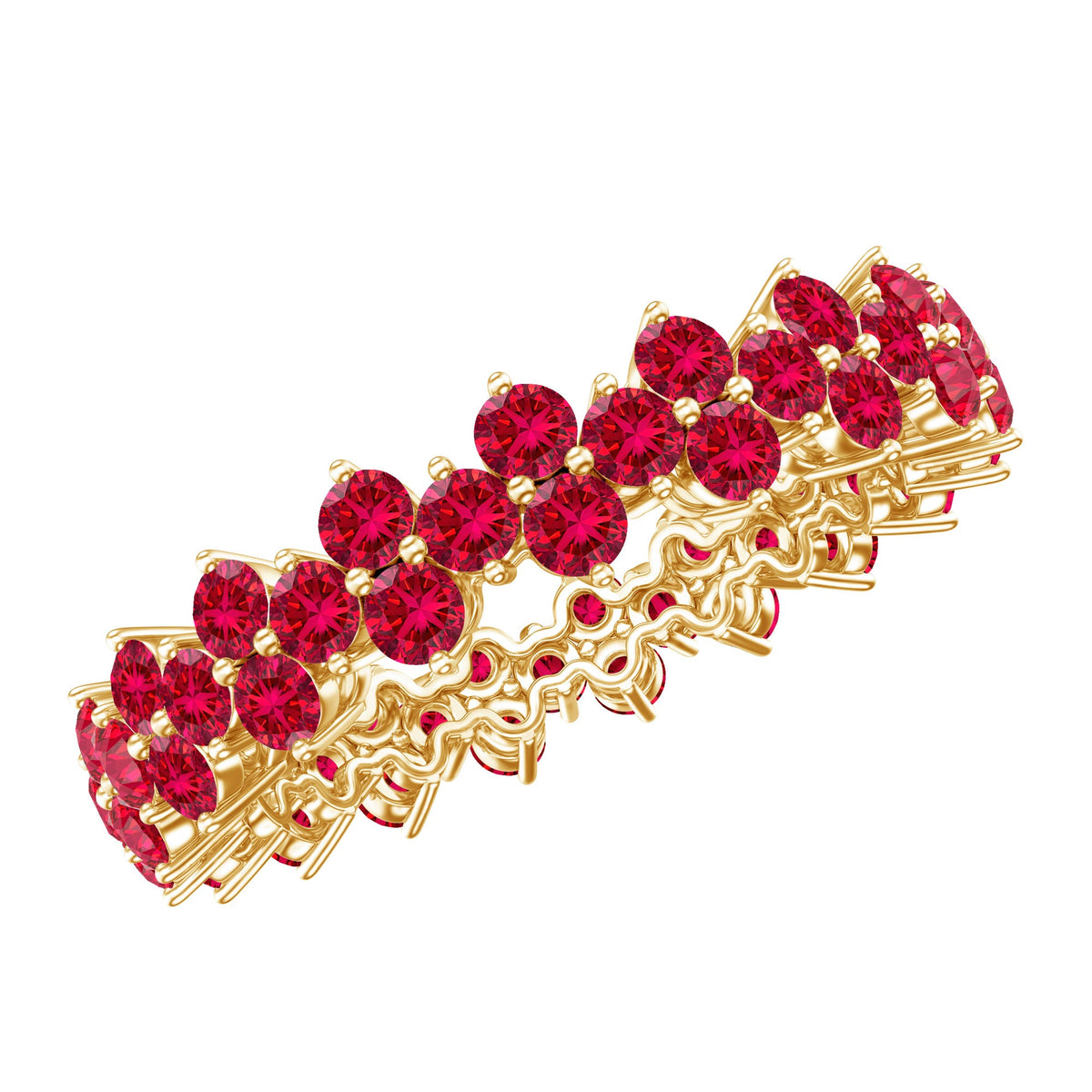 Round lab created ruby cluster eternity ring in gold prong setting