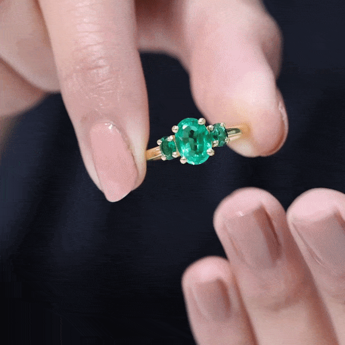 Lab Created Emerald Ring – Three Stone Oval Cut Prong Setting AAAA Quality