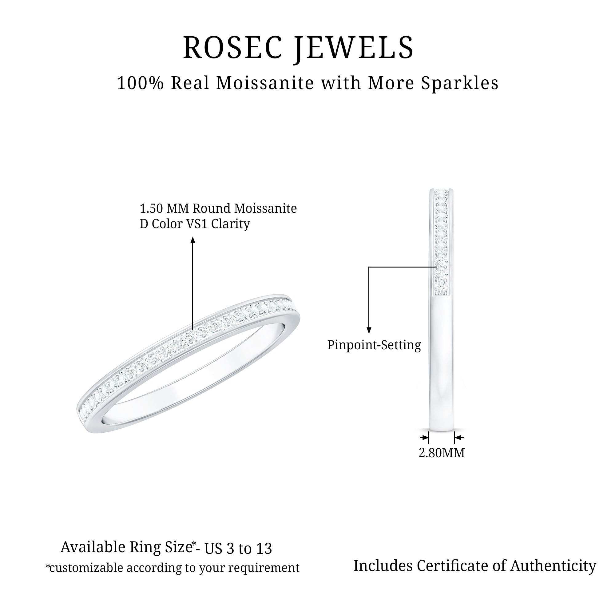 Moissanite Eternity Band – Half Eternity Ring with D-VS1 Stones | Pinpoint Setting