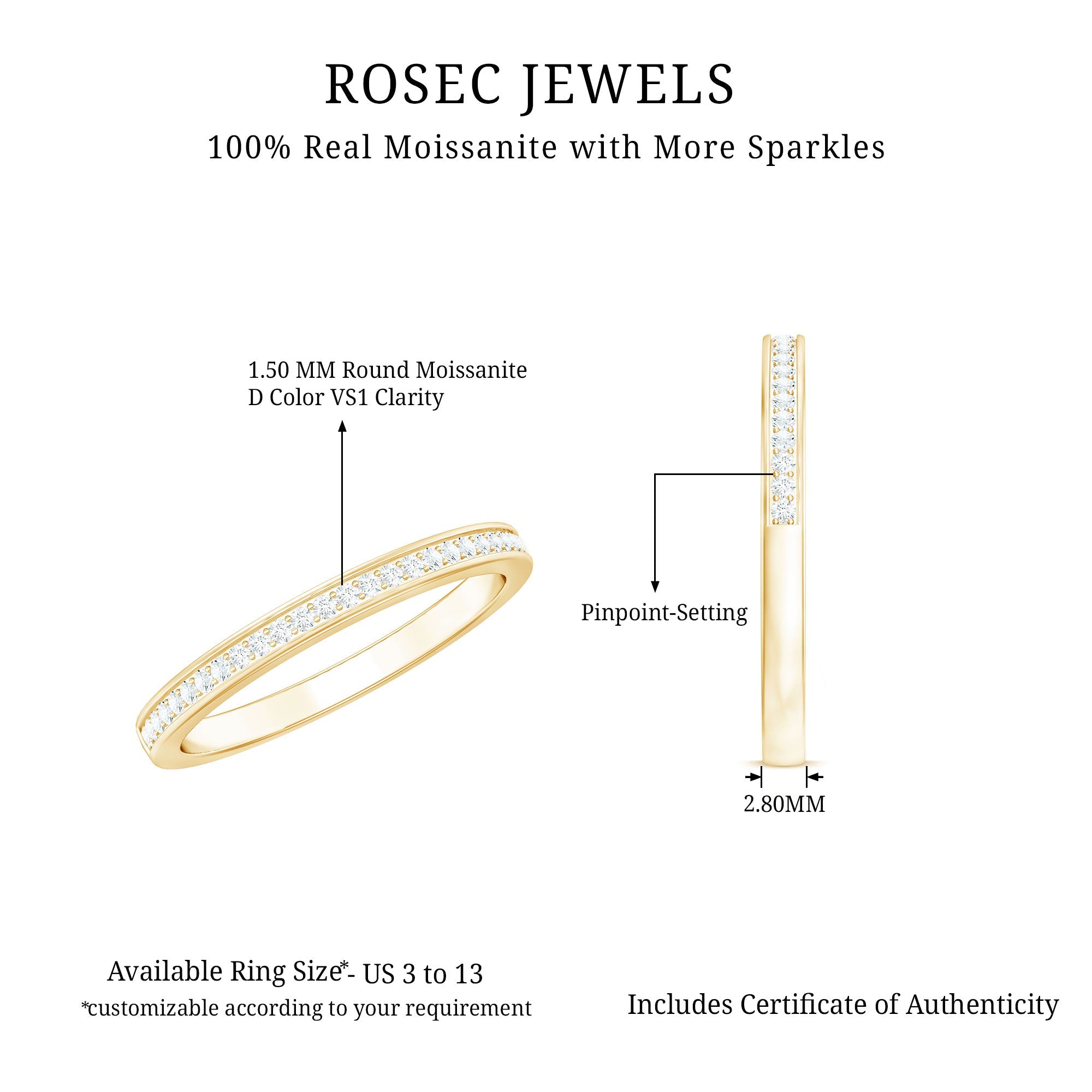 Moissanite Eternity Band – Half Eternity Ring with D-VS1 Stones | Pinpoint Setting