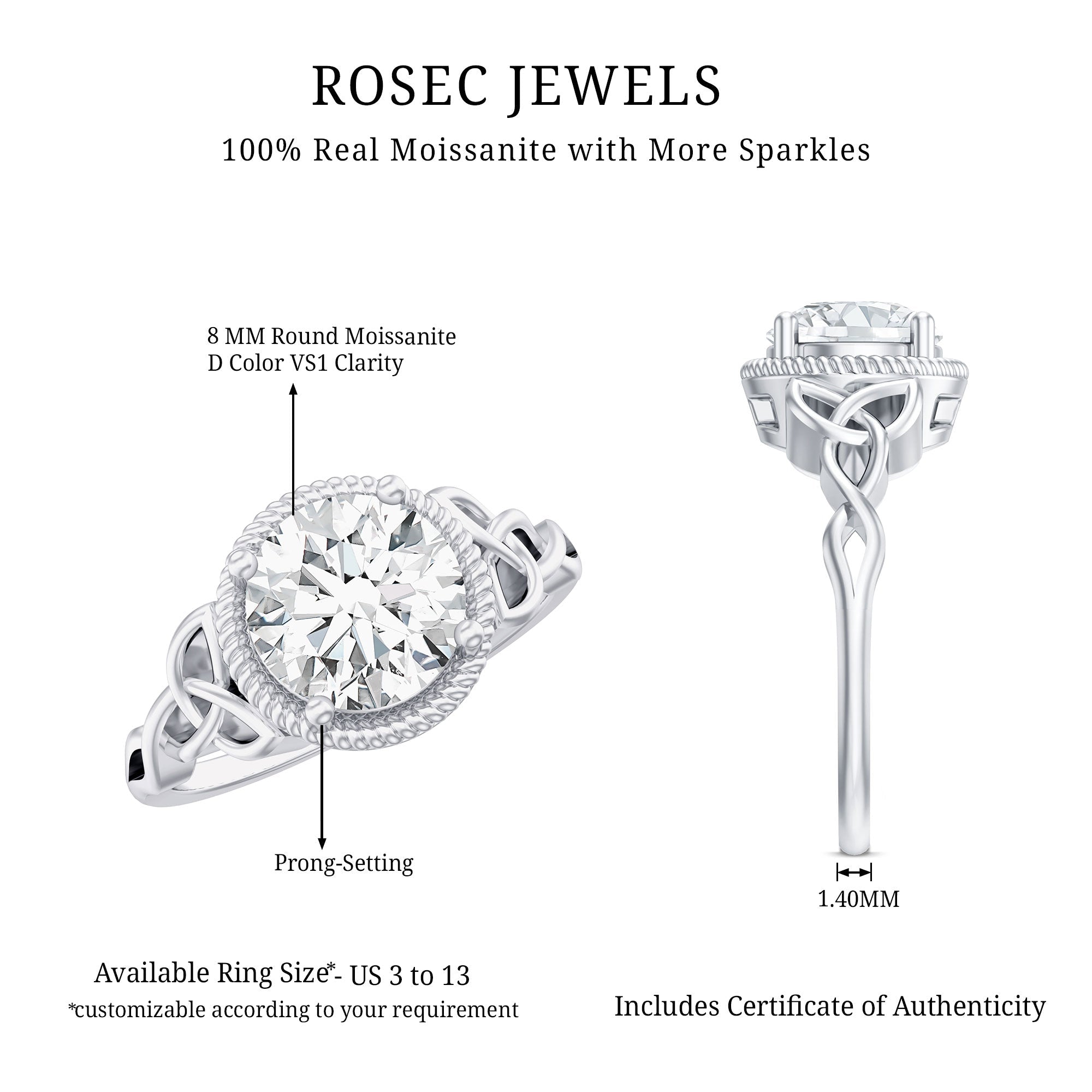Moissanite Engagement Ring - Brilliant Cut Center Stone with Rope Frame Detailing