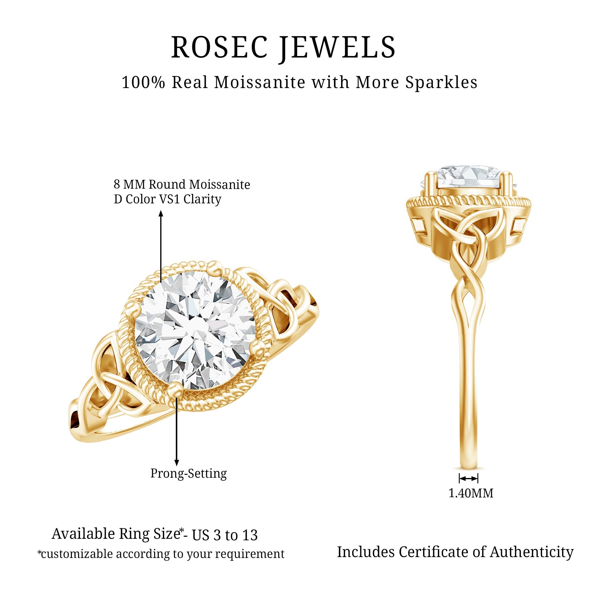 Moissanite Engagement Ring - Brilliant Cut Center Stone with Rope Frame Detailing