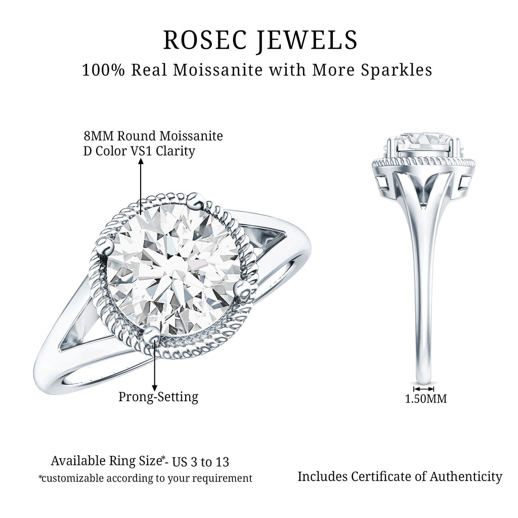 Moissanite Engagement Ring - 2 Carat Look Round Solitaire With Twisted Rope Band