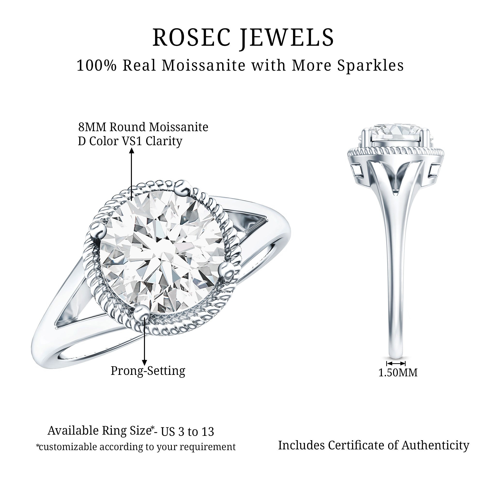 Moissanite Engagement Ring - 2 Carat Look Round Solitaire With Twisted Rope Band