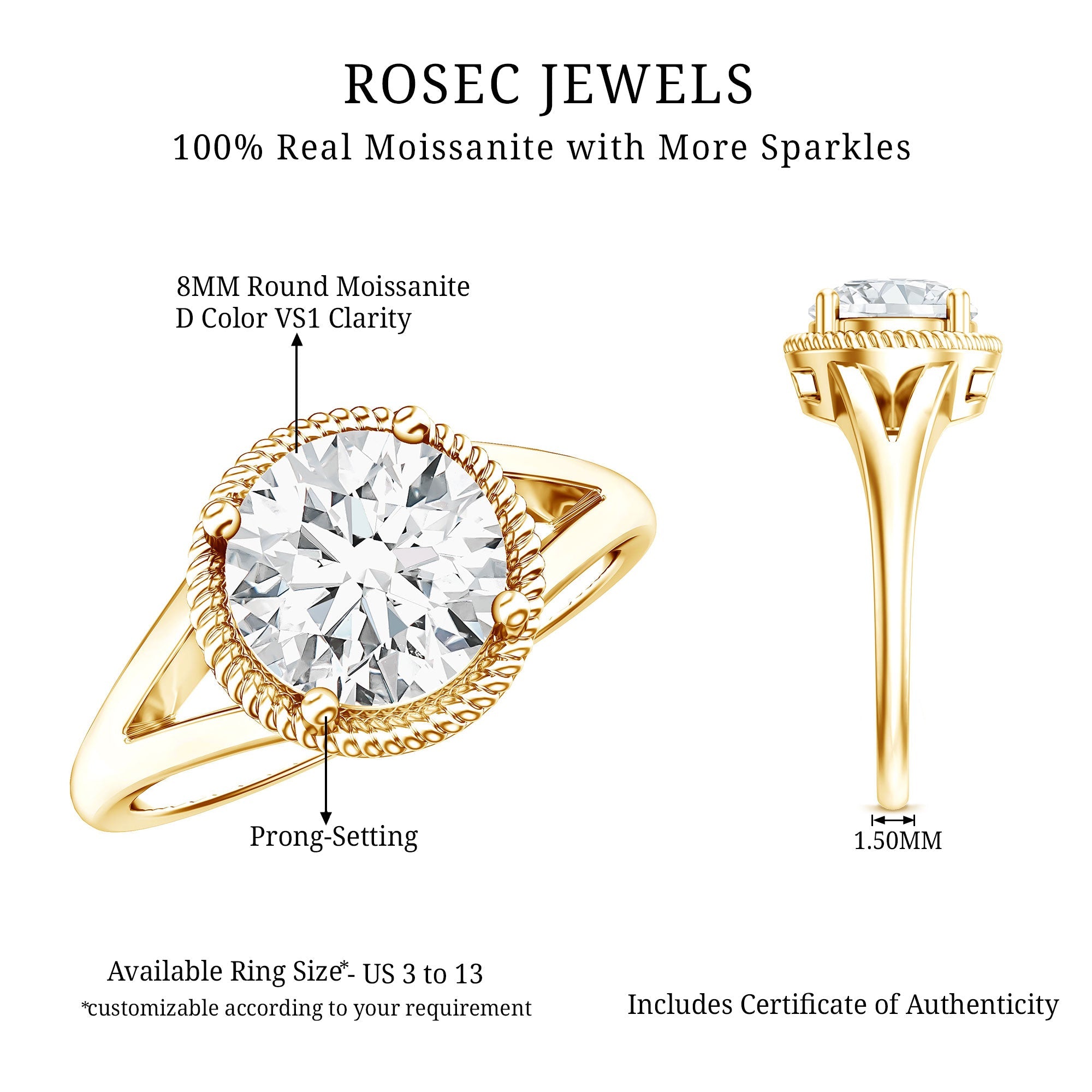 Moissanite Engagement Ring - 2 Carat Look Round Solitaire With Twisted Rope Band