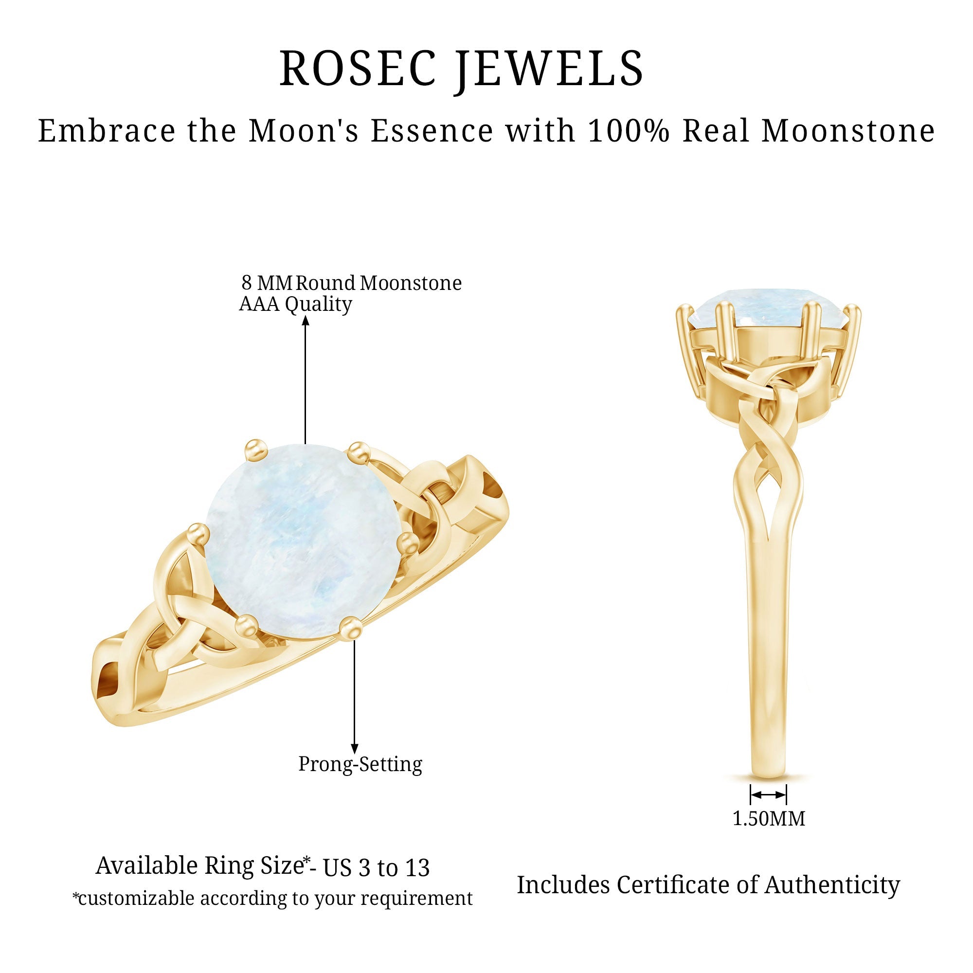 Moonstone Engagement Ring - Celtic Knot Solitaire With AAA Quality Gemstone