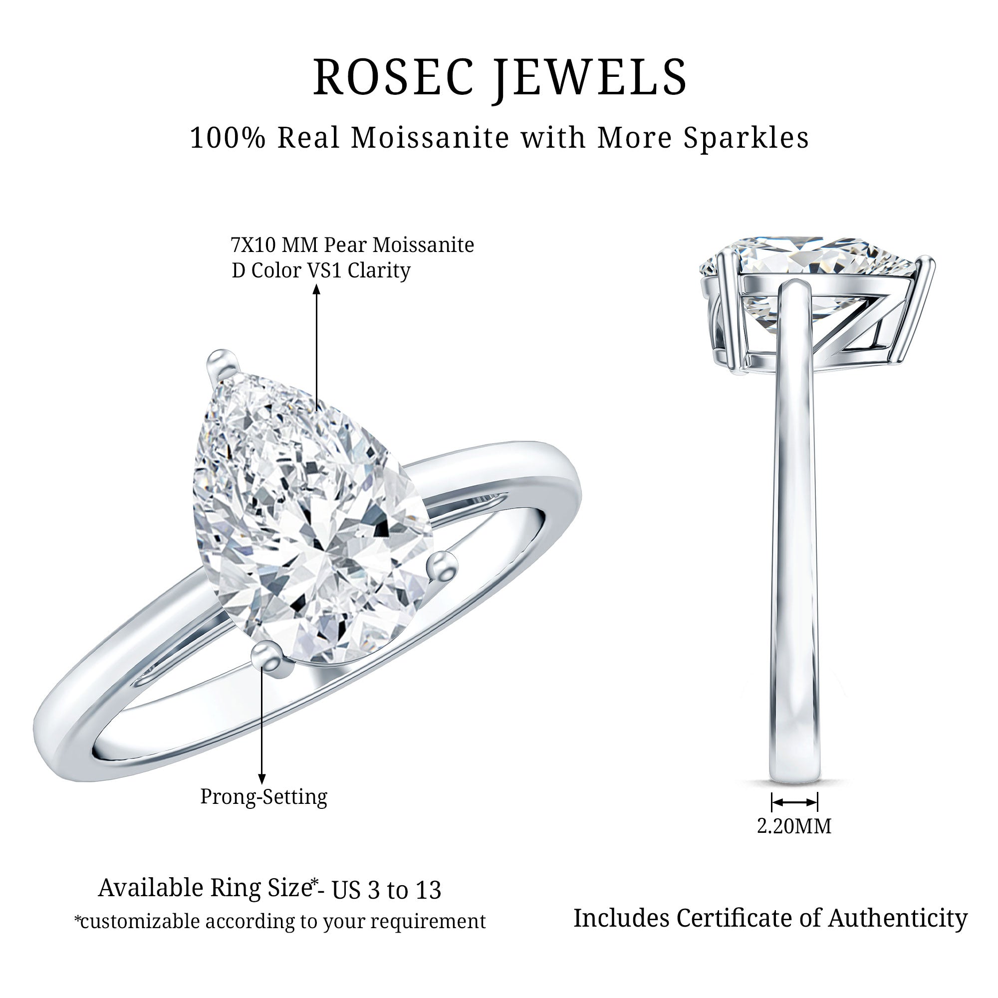 Moissanite Engagement Ring – 2 Carat Pear Shaped Solitaire With D Color Clarity