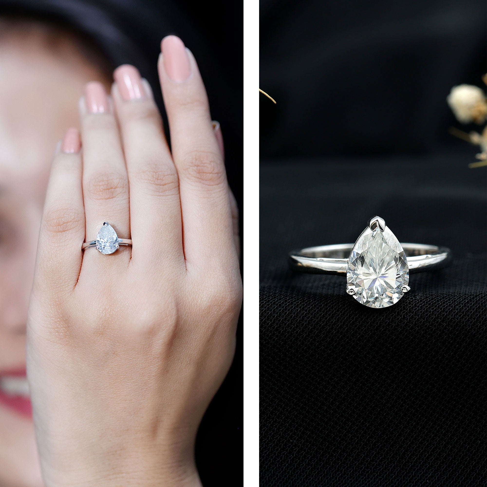 Moissanite Engagement Ring – 2 Carat Pear Shaped Solitaire With D Color Clarity