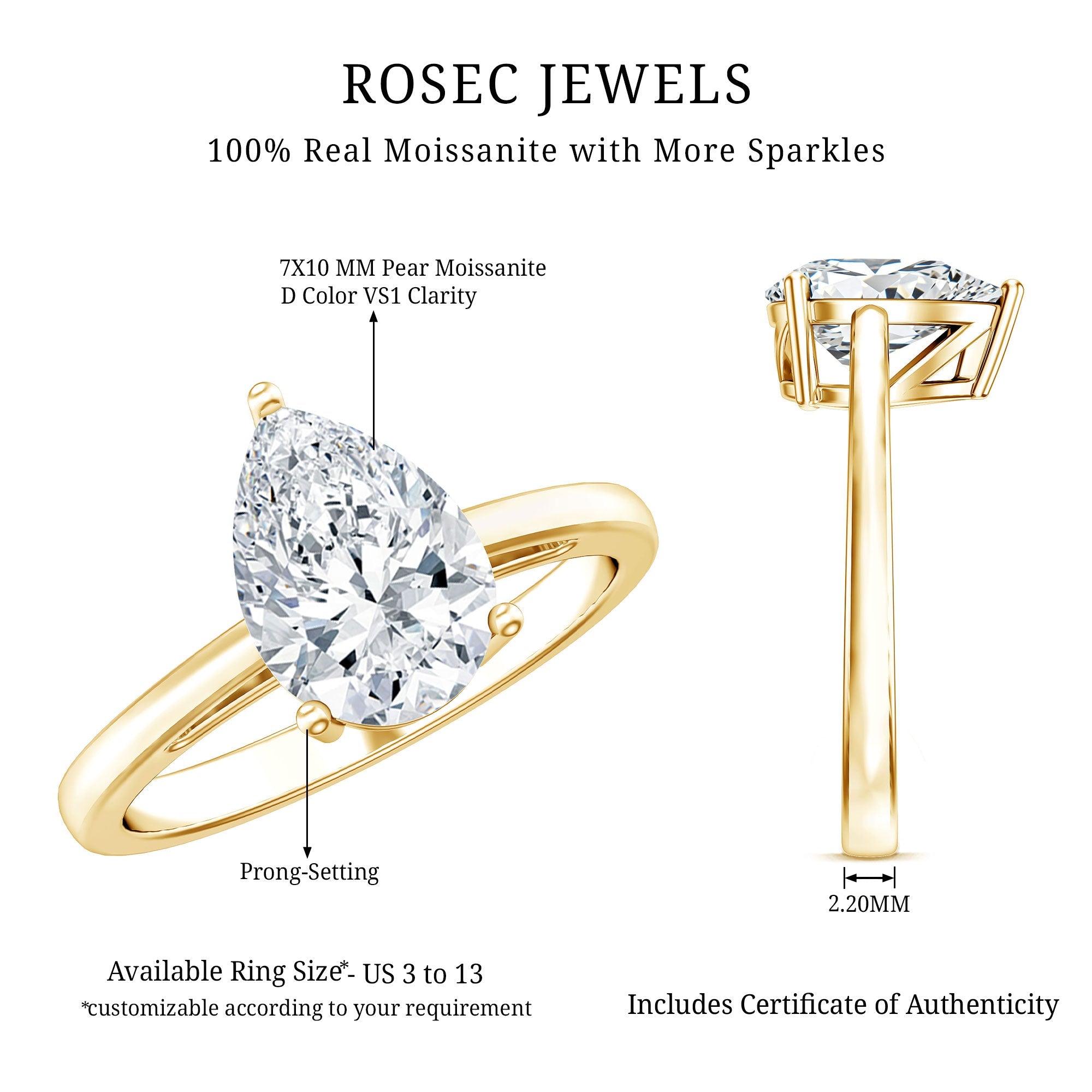 Moissanite Engagement Ring – 2 Carat Pear Shaped Solitaire With D Color Clarity