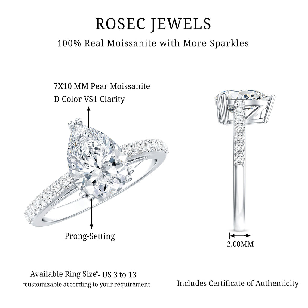Certified 2 Carat Moissanite Pear Shaped Engagement Ring with Side Stones