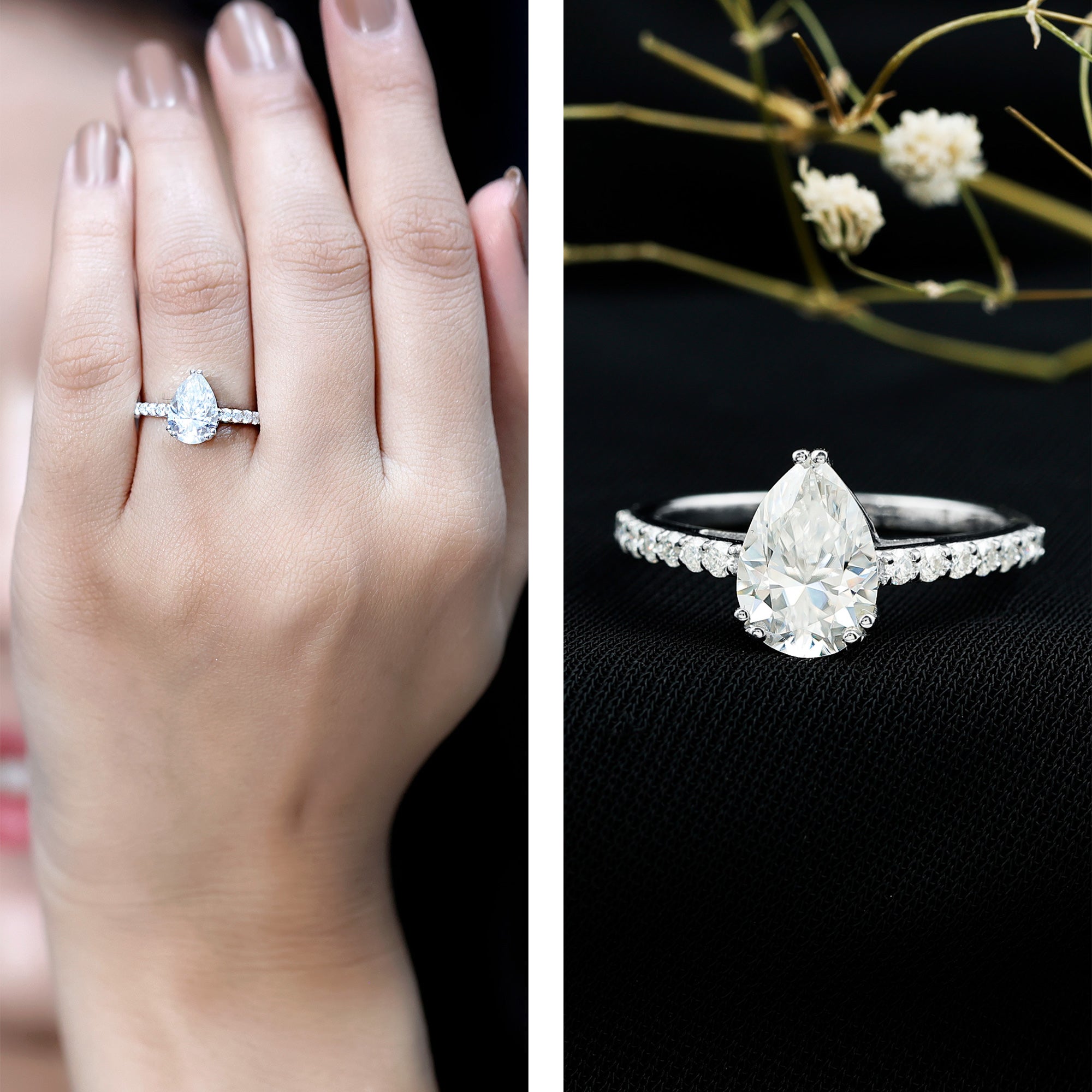 Certified 2 Carat Moissanite Pear Shaped Engagement Ring with Side Stones