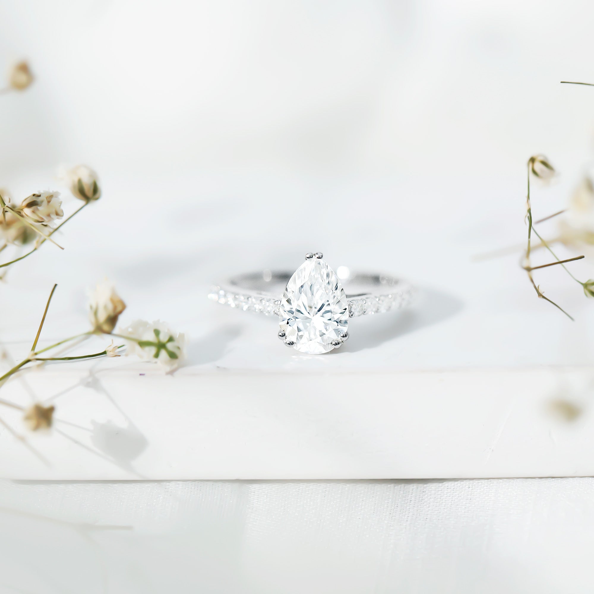 Certified 2 Carat Moissanite Pear Shaped Engagement Ring with Side Stones