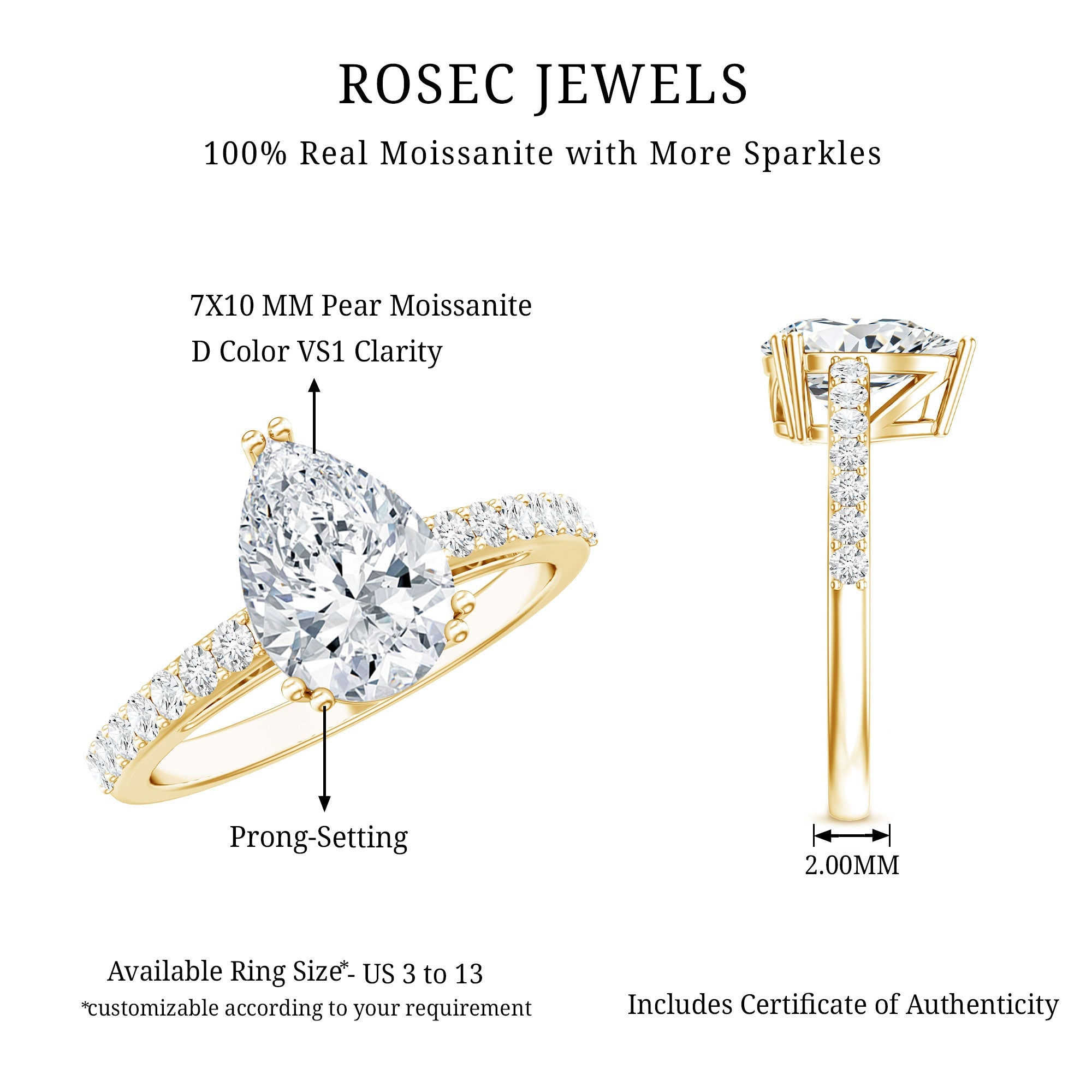 Certified 2 Carat Moissanite Pear Shaped Engagement Ring with Side Stones
