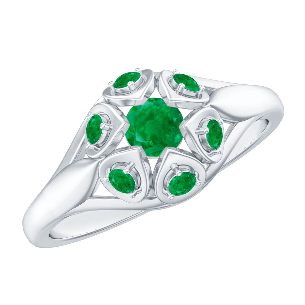 Emerald Flower Ring – Vintage Engagement Band with AAA Quality Emerald & Prong Setting