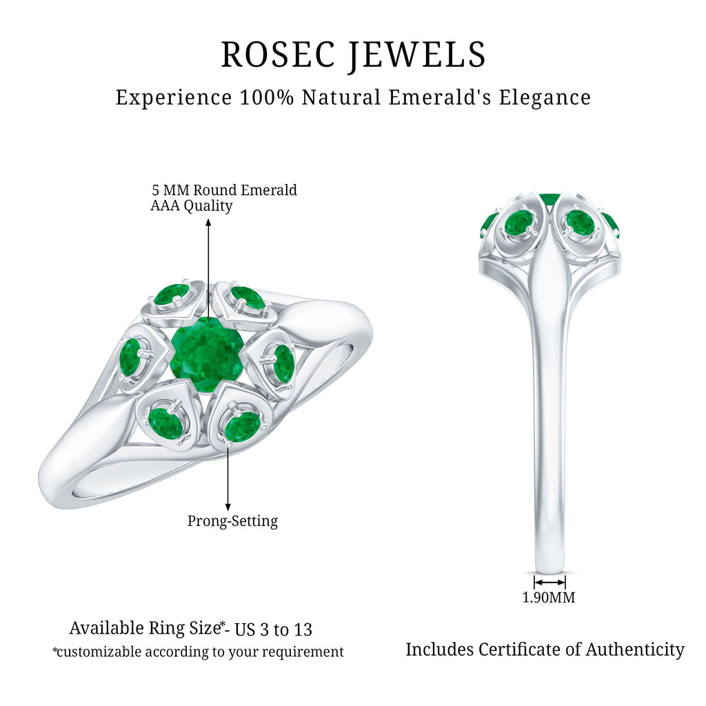 Emerald Flower Ring – Vintage Engagement Band with AAA Quality Emerald & Prong Setting