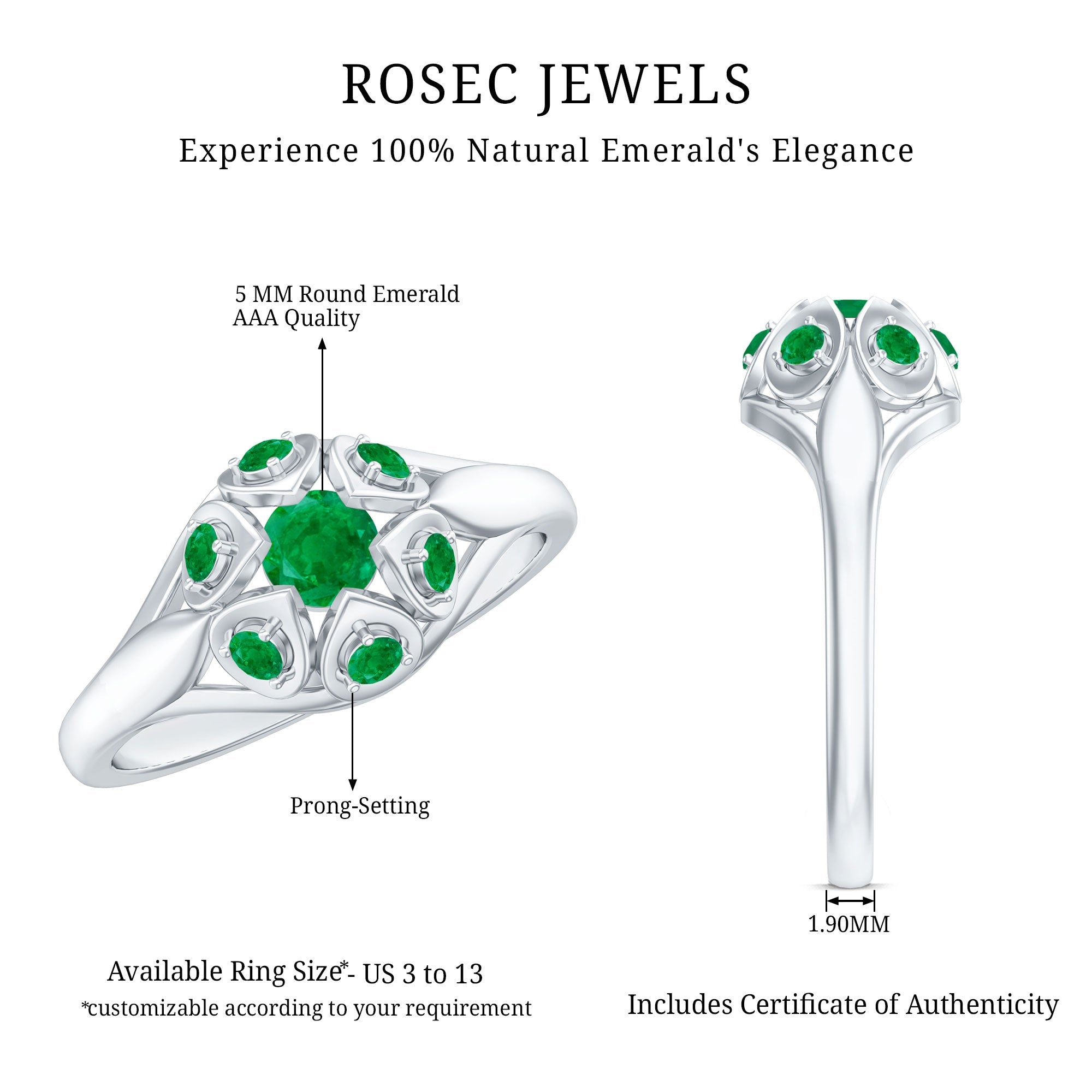 Emerald Flower Ring – Vintage Engagement Band with AAA Quality Emerald & Prong Setting