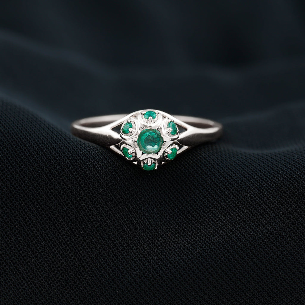 Emerald Flower Ring – Vintage Engagement Band with AAA Quality Emerald & Prong Setting