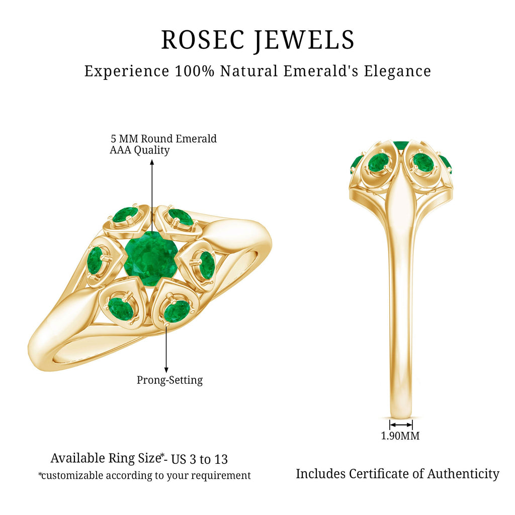 Emerald Flower Ring – Vintage Engagement Band with AAA Quality Emerald & Prong Setting