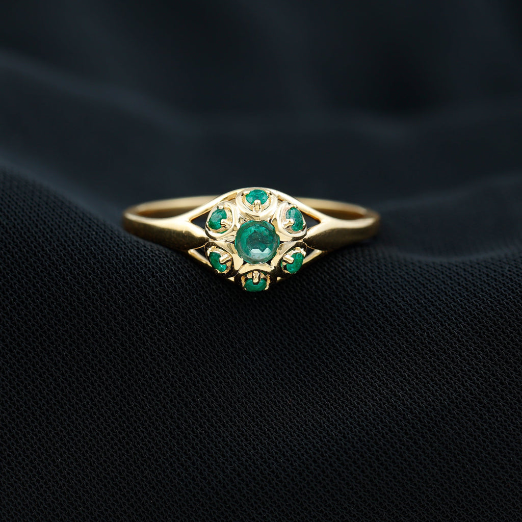 Emerald Flower Ring – Vintage Engagement Band with AAA Quality Emerald & Prong Setting
