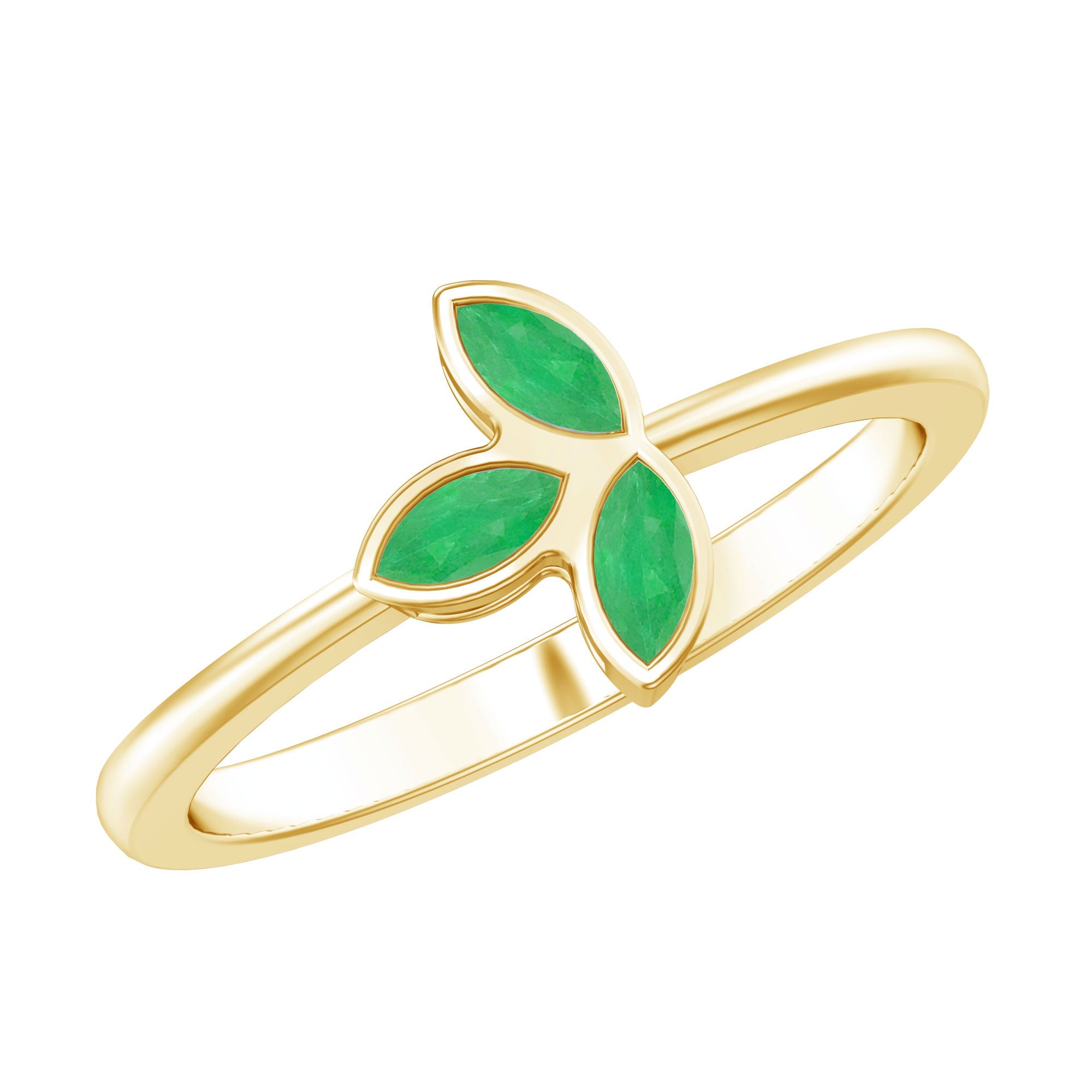 Emerald Promise Ring - Marquise Cut Three Stone Bezel Setting Leaf Design