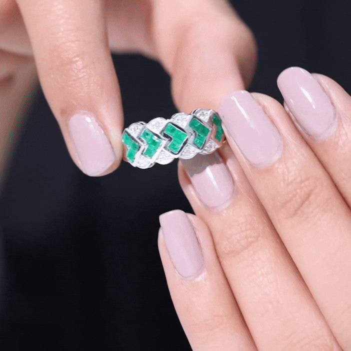 Emerald Wedding Band | Princess Cut Emeralds & Diamond Statement Ring in Wide Band Style