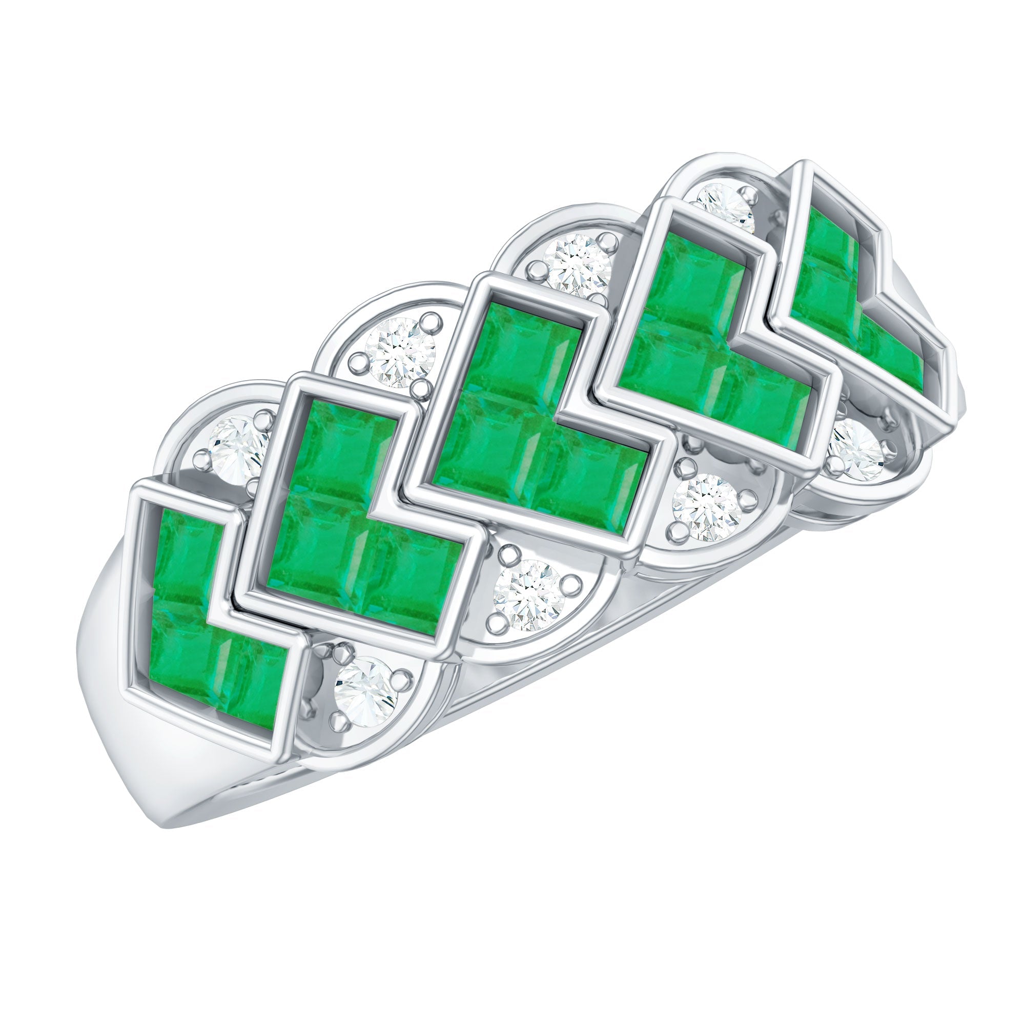 Emerald Wedding Band | Princess Cut Emeralds & Diamond Statement Ring in Wide Band Style