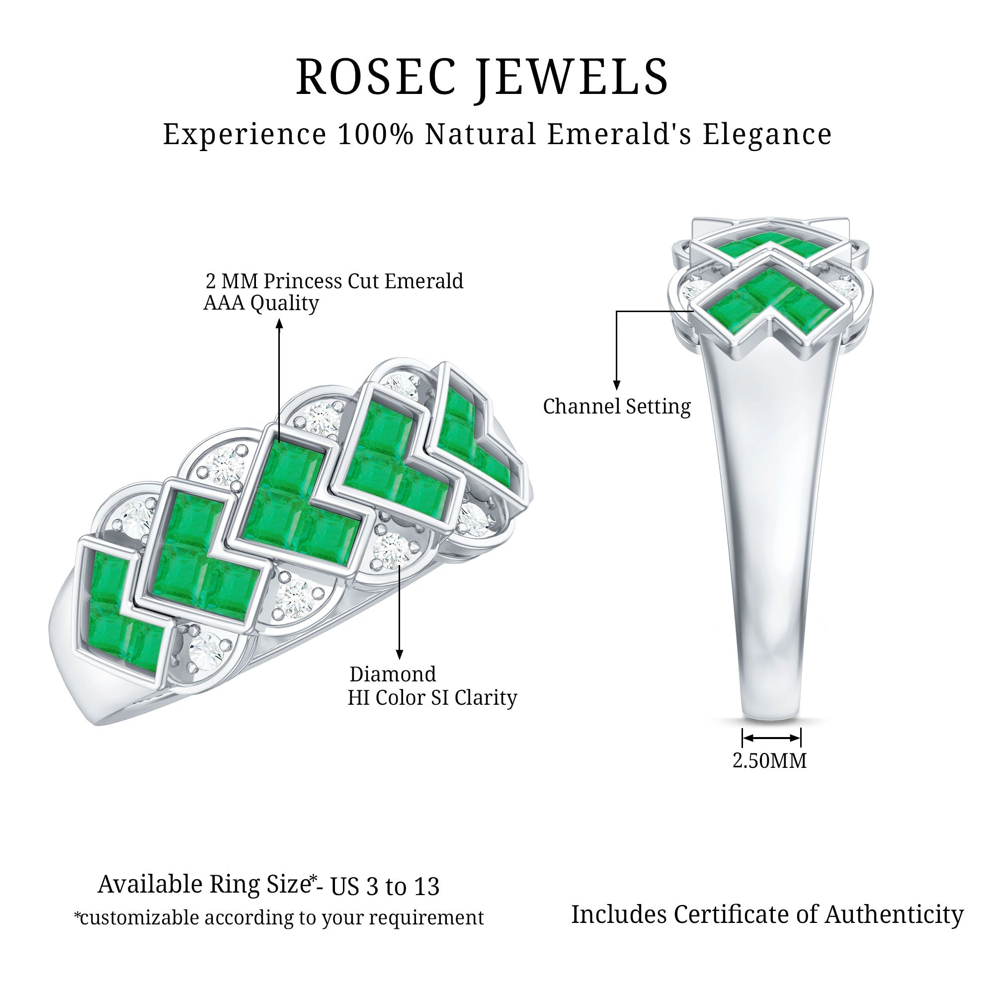 Emerald Wedding Band | Princess Cut Emeralds & Diamond Statement Ring in Wide Band Style