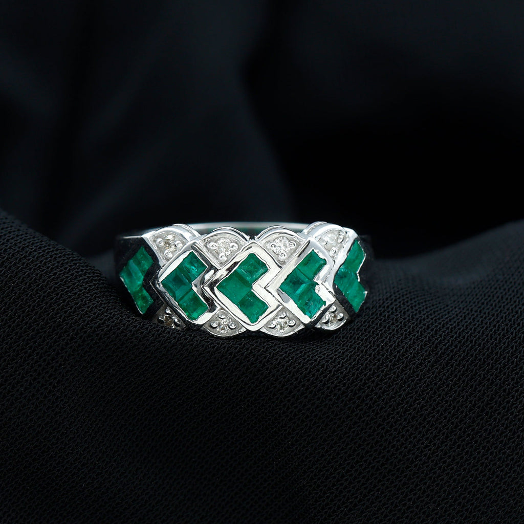 Emerald Wedding Band | Princess Cut Emeralds & Diamond Statement Ring in Wide Band Style