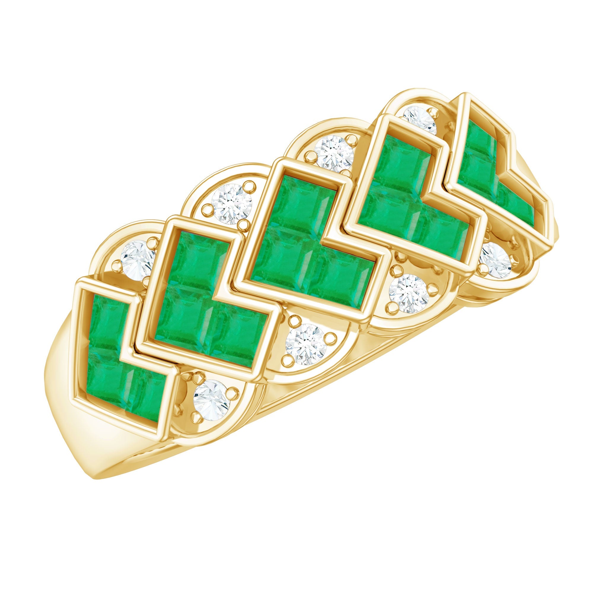 Emerald Wedding Band | Princess Cut Emeralds & Diamond Statement Ring in Wide Band Style
