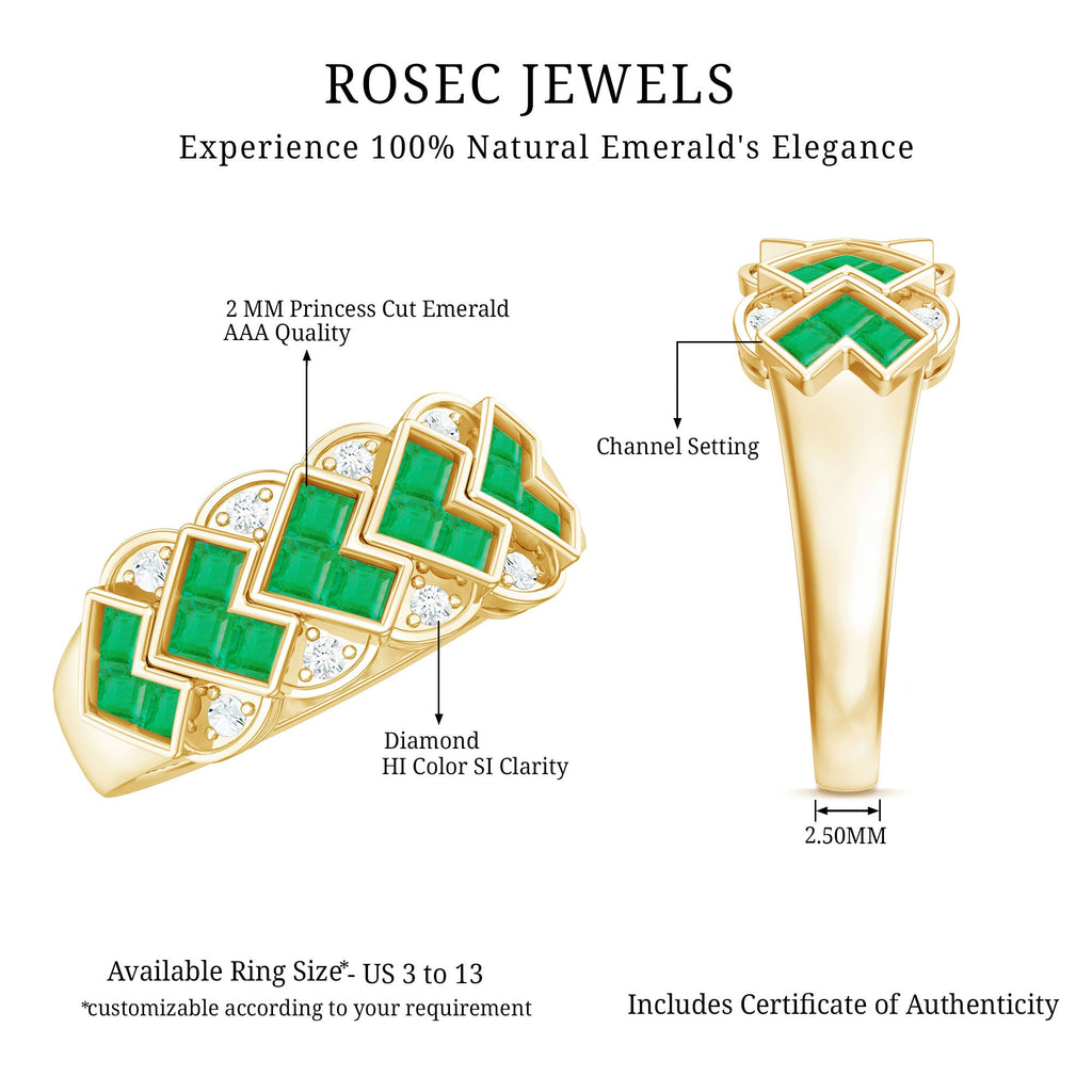 Emerald Wedding Band | Princess Cut Emeralds & Diamond Statement Ring in Wide Band Style
