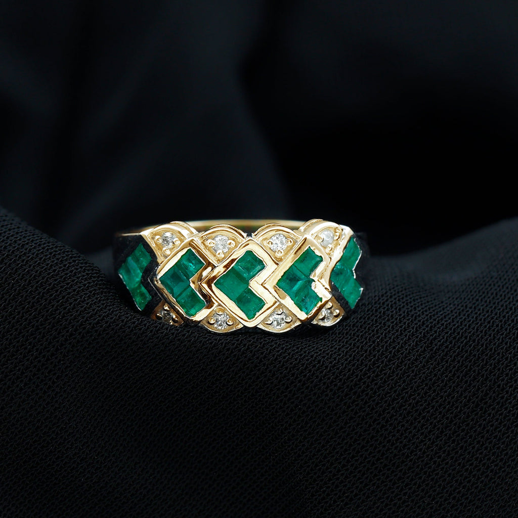 Emerald Wedding Band | Princess Cut Emeralds & Diamond Statement Ring in Wide Band Style