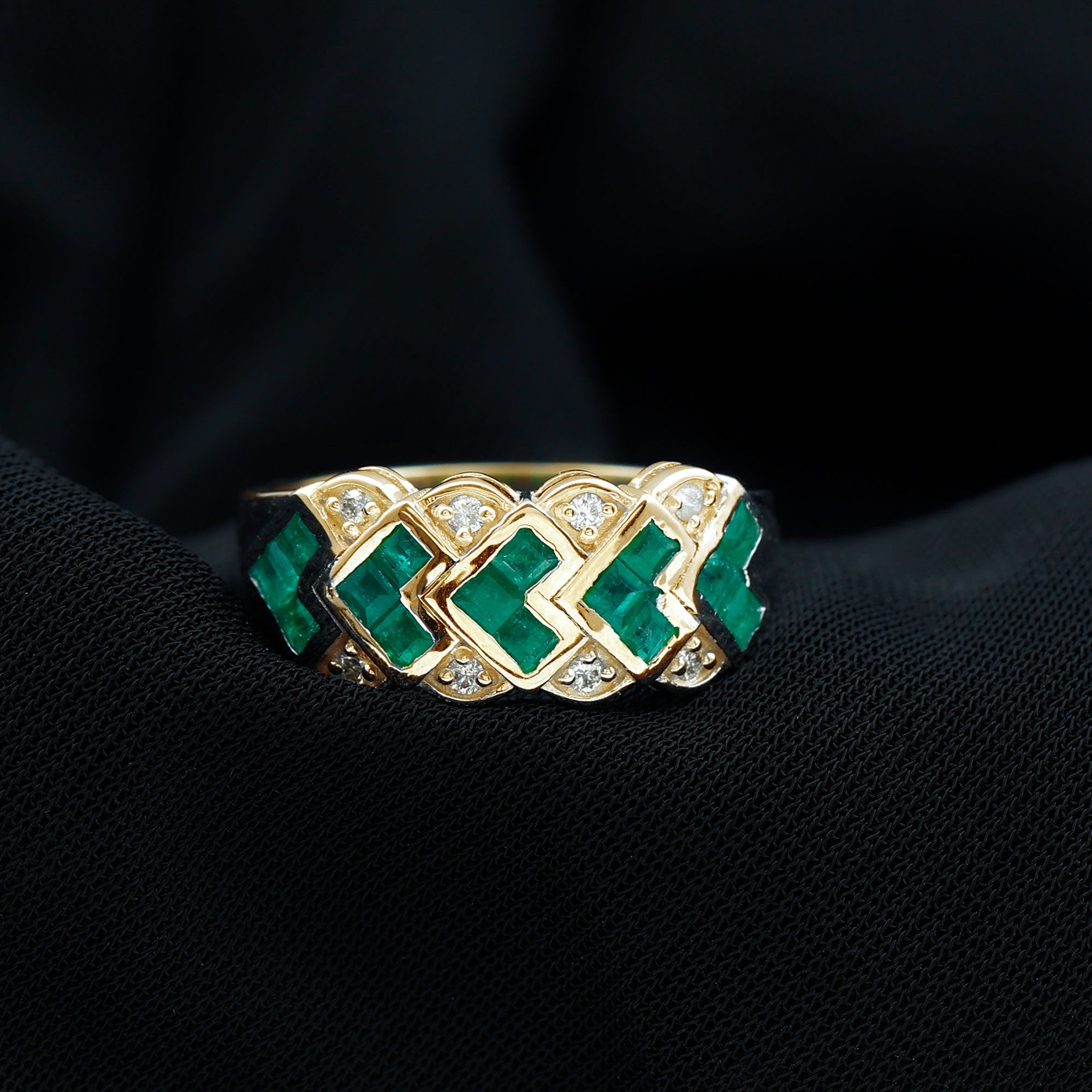 Emerald Wedding Band | Princess Cut Emeralds & Diamond Statement Ring in Wide Band Style
