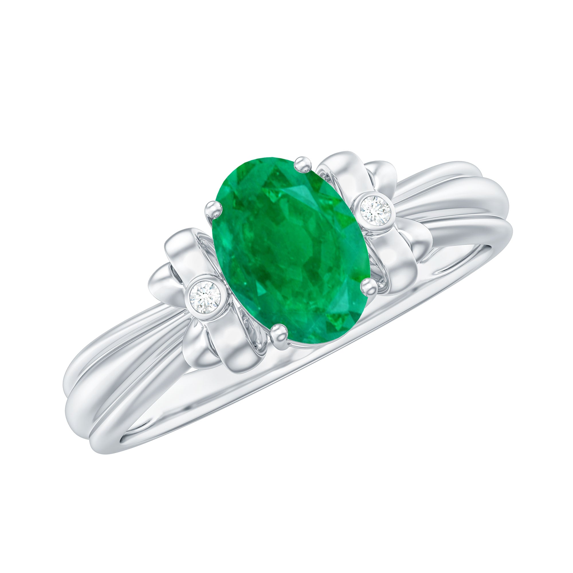 Emerald Solitaire Engagement Ring – Oval Cut Bow Design, AAA Quality Gemstone