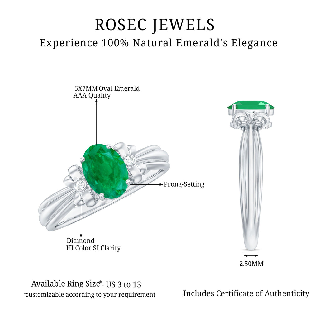 Emerald Solitaire Engagement Ring – Oval Cut Bow Design, AAA Quality Gemstone