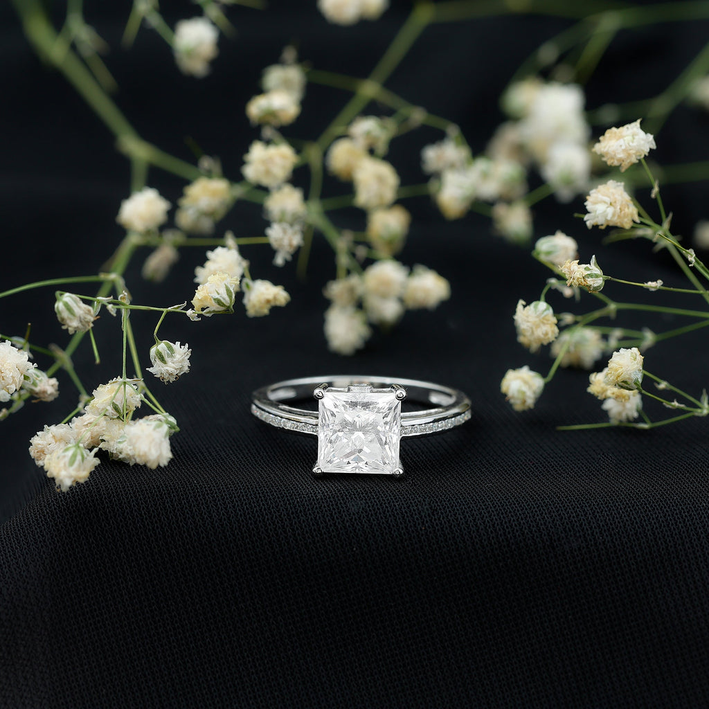Solitaire Moissanite Princess Cut Engagement Ring with Side Stones