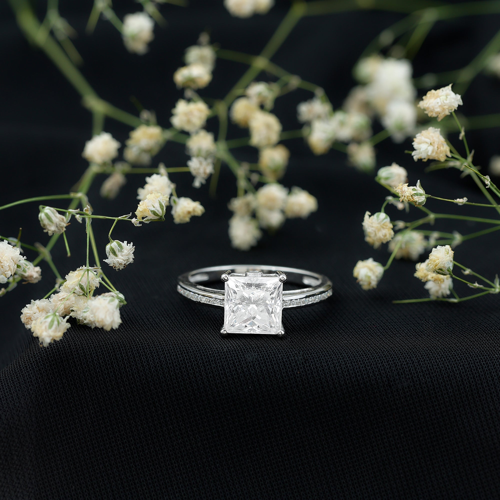 Solitaire Moissanite Princess Cut Engagement Ring with Side Stones