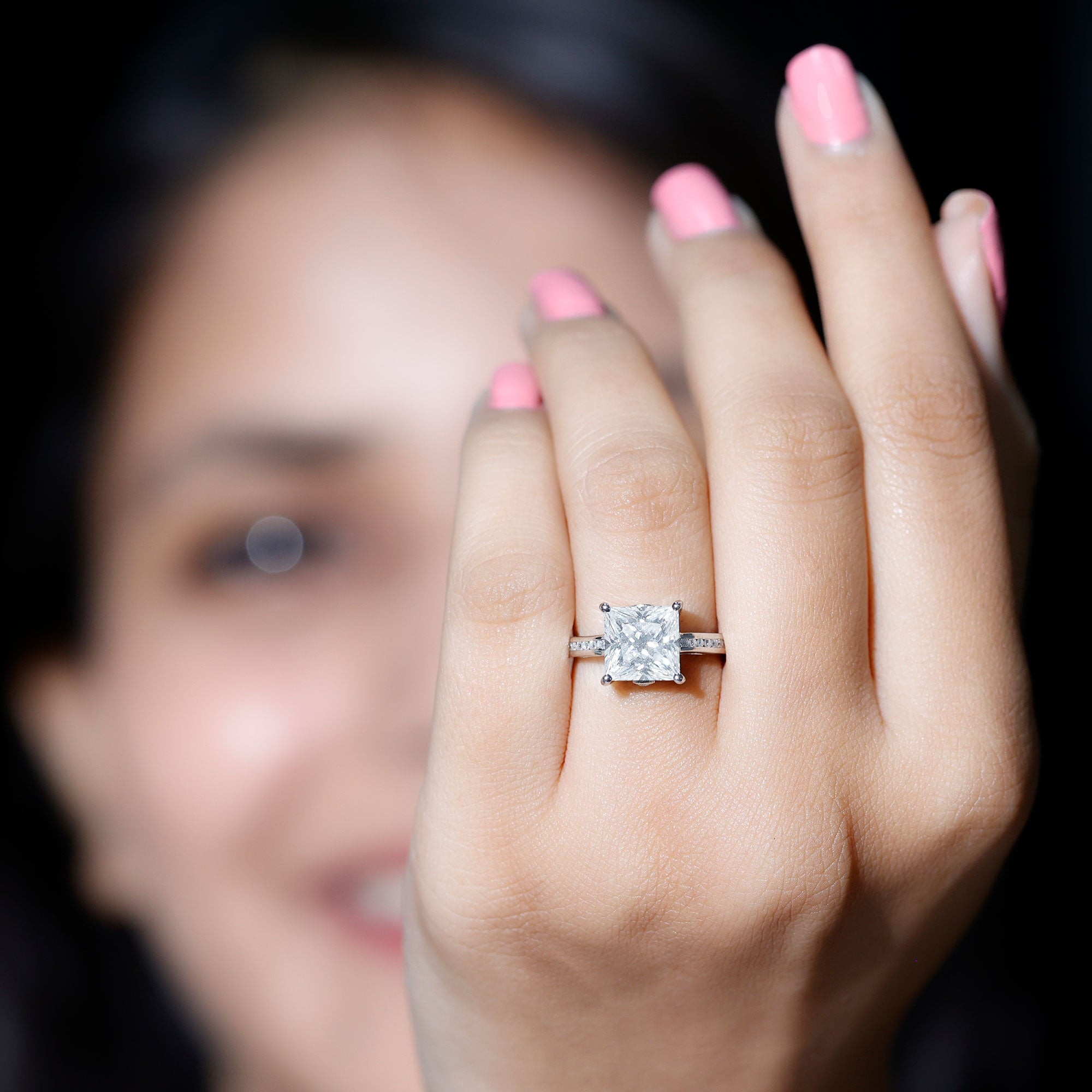 Solitaire Moissanite Princess Cut Engagement Ring with Side Stones